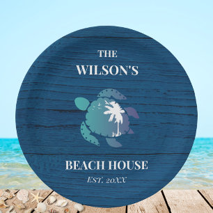 Marine Blauw Rustiek Hout Turtle Beach House Party Papieren Bordje