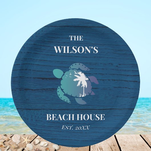 Marine Blauw Rustiek Hout Turtle Beach House Party Papieren Bordje