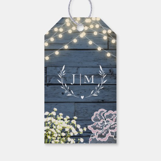 Marine Blauw Rustiek Houten Strijklichten & Kant B Cadeaulabel (Achterkant)