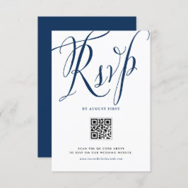Marine Blauw Rustieke Kalligrafie QR Code Huwelijk RSVP Kaartje