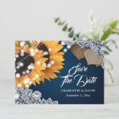 Marine Blauw Rustieke Kant Harten Zonnebloem Bruil Save The Date (Staand voorkant)
