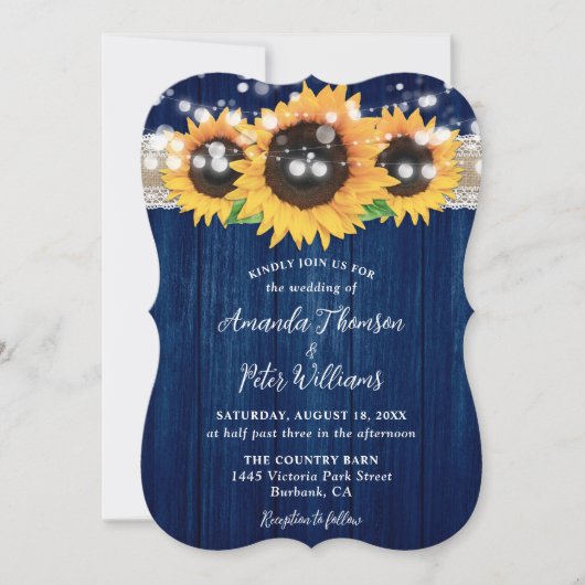Marine Blauw Rustieke Zonnebloem Hout Wedding Kaart (Voorkant)