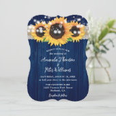 Marine Blauw Rustieke Zonnebloem Hout Wedding Kaart (Staand voorkant)