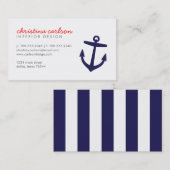 Marine Blauw Schattige Nautisch Anker & Strepen Visitekaartje (Voorkant / Achterkant)