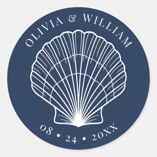 Marine Blauw Seashell Beach Kustbruiloft Ronde Sticker (Voorkant)
