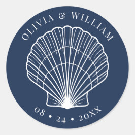Marine Blauw Seashell Beach Kustbruiloft Ronde Sticker