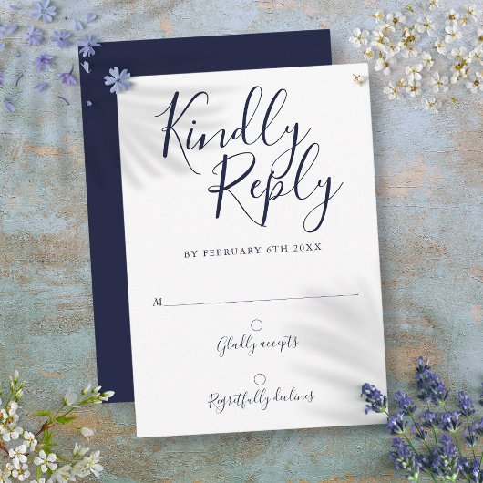 Marine Blauw Signature Script Modern Wedding RSVP Kaartje