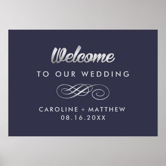 Marine Blauw | Silver Elegant Wedding Welcome Sign Poster (Voorkant)