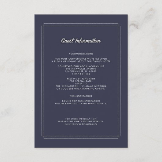 Marine Blauw | Silver Floral bruiloft details Kaar Informatiekaartje (Voorkant)