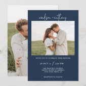 Marine Blauw Stijlvol Script met Foto Bruiloft Kaart (Voorkant / Achterkant)