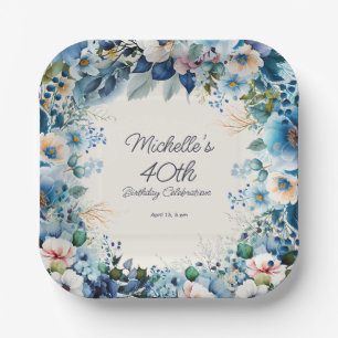 Marine Blauw Stof Bloemen Vrouwen 40e Verjaardag Papieren Bordje
