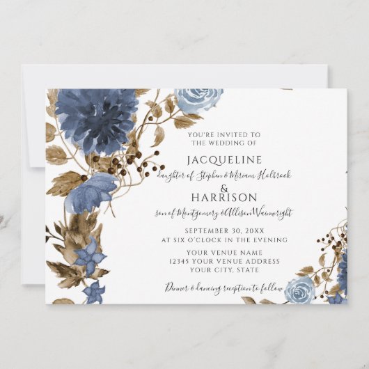 Marine Blauw Stof Bloemige Aardse Gebladerte Trouw Kaart (Voorkant)