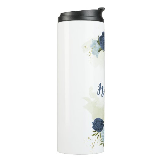 marine blauw stoffig blauw bloem groen thermosbeker (Gedraaid links)