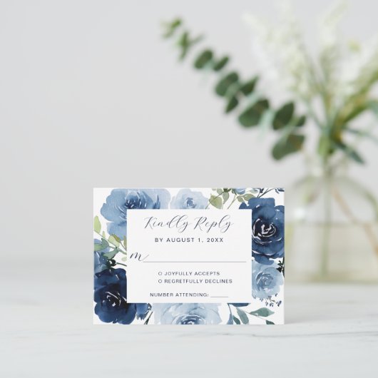 Marine Blauw Stoffig Blauw Elegant Bloemen Bruilof Informatiekaartje (Staand voorkant)