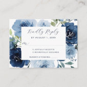 Marine Blauw Stoffig Blauw Elegant Bloemen Bruilof Informatiekaartje (Voorkant)