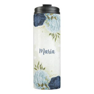 marine blauw stoffig blauwe bloemen groen thermosbeker