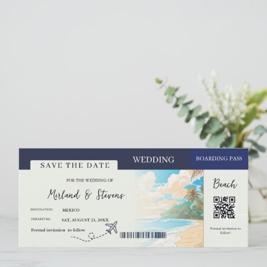 Marine blauw Strand Nautische Boarding Pass bruilo Save The Date (Staand voorkant)