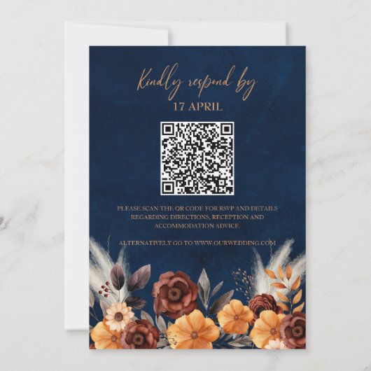 Marine Blauw Terracotta Roest QR Code Pampas Gras Kaart (Achterkant)