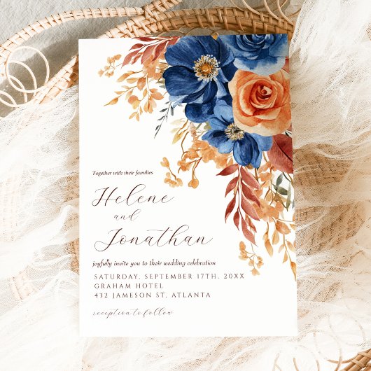 Marine Blauw Terracotta Roest Rustiek Elegant Huwe Kaart