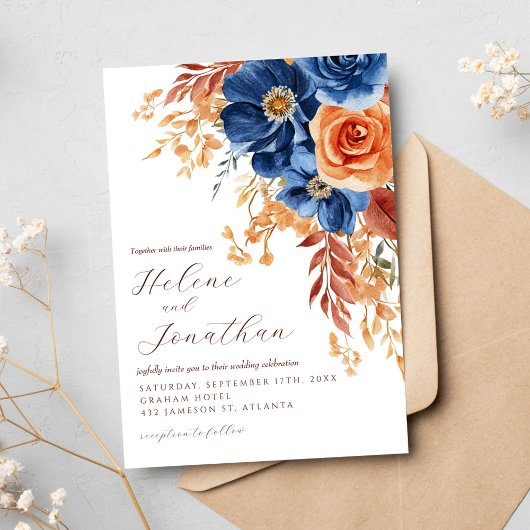 Marine Blauw Terracotta Roest Rustiek Elegant Huwe Kaart