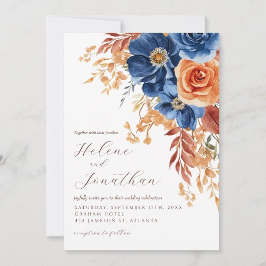 Marine Blauw Terracotta Roest Rustiek Elegant Huwe Kaart (Voorkant)