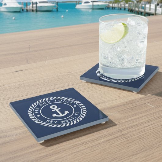 Marine Blauw | Touw & Anker Logo Bootnaam Glazen Onderzetter