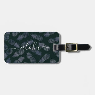 Marine blauw tropisch ananas patroon alfa script bagagelabel