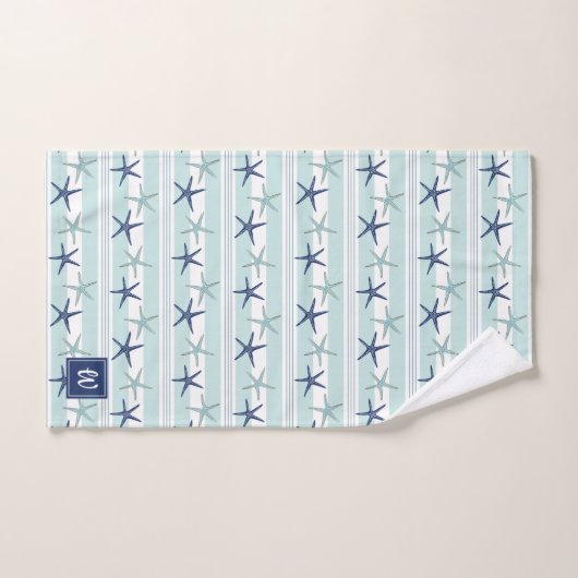 Marine Blauw Turquoise Star Fish Gestreept Monogra Bad Handdoek (Handdoek)