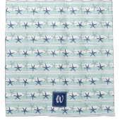 Marine Blauw Turquoise Star Fish Gestreept Monogra Douchegordijn (Voorkant)