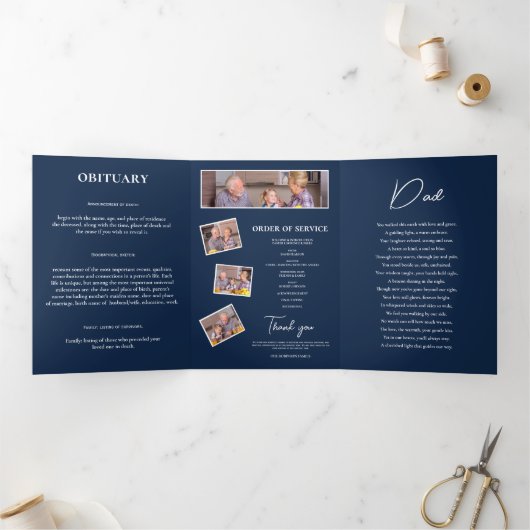 Marine Blauw Viering van het Leven Foto Begrafenis Drieluik Programma (Binnen)