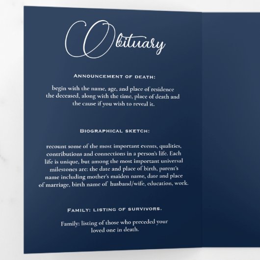 Marine Blauw Viering van het Leven Foto Begrafenis Drieluik Programma (Binnenzijde eerst)