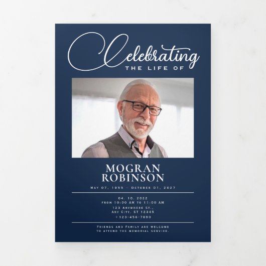 Marine Blauw Viering van het Leven Foto Begrafenis Drieluik Programma (Cover)