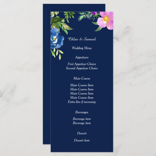 Marine Blauw Violet Bloemen Trouwmenu Menu (Voorkant / Achterkant)