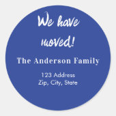 Marine blauw we hebben een nieuw adres verplaatst ronde sticker (Voorkant)