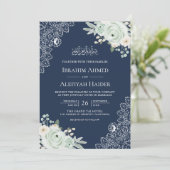 Marine Blauw Wijze Groen Bloemen Kant Moslim Huwel Kaart (Staand voorkant)