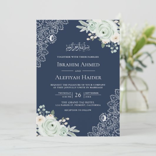 Marine Blauw Wijze Groen Bloemen Kant Moslim Huwel Kaart (Staand voorkant)