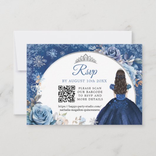 Marine Blauw Winter Sneeuwvlok Quinceanera QR Code RSVP Kaartje (Voorkant)
