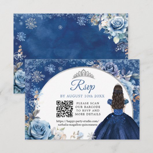 Marine Blauw Winter Sneeuwvlok Quinceanera QR Code RSVP Kaartje (Voorkant / Achterkant)