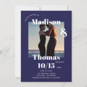 Marine Blauw Wit 1 Foto Bold Minimalist Wedding Kaart (Voorkant)