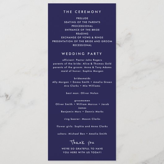 Marine Blauw Wit 1 Foto Bold Minimalist Wedding Programmakaart (Achterkant)