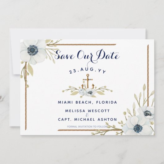 Marine Blauw & Wit Anemoon Nautisch Anker Bruiloft Save The Date (Voorkant)