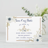 Marine Blauw & Wit Anemoon Nautisch Anker Bruiloft Save The Date (Staand voorkant)