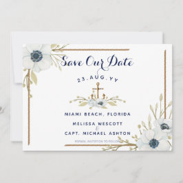 Marine Blauw & Wit Anemoon Nautisch Anker Bruiloft Save The Date