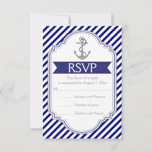 Marine blauw, wit anker nautische bruiloft RSVP (Voorkant)