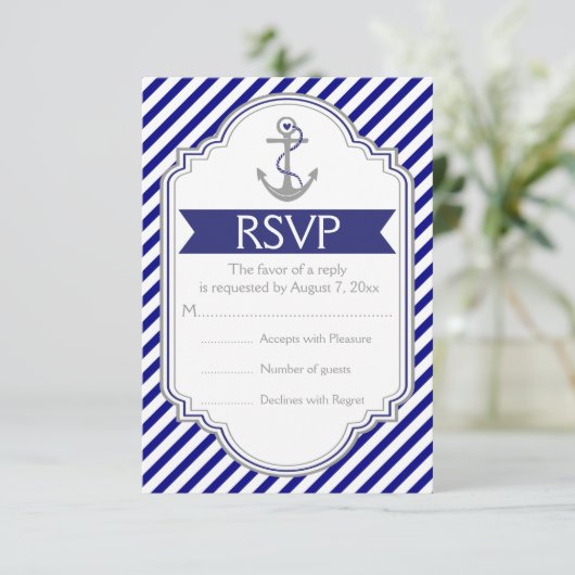 Marine blauw, wit anker nautische bruiloft RSVP Kaartje (Staand voorkant)