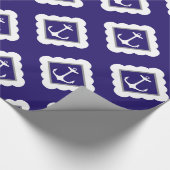 Marine Blauw Wit Ankers Nautisch Patroon Cadeaupapier (Hoek)