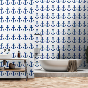 Marine blauw & wit ankers patroon nautisch behang