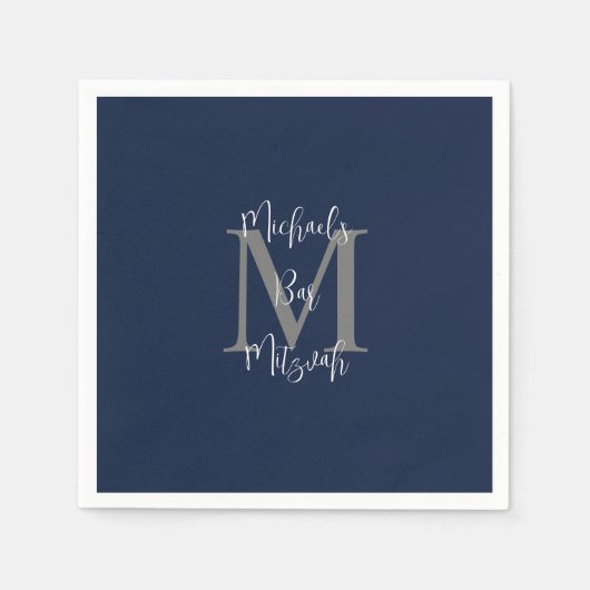 Marine Blauw Wit Bar Mitzvah Naam Monogram Servet (Voorkant)