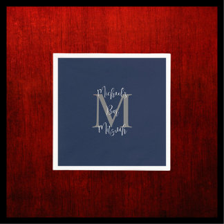 Marine Blauw Wit Bar Mitzvah Naam Monogram Servet