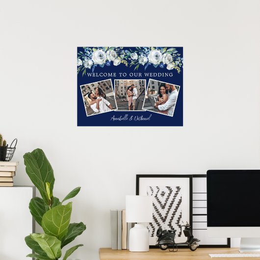 Marine Blauw Wit Bloemen Bruiloft Foto Collage Poster (Thuiskantoor)